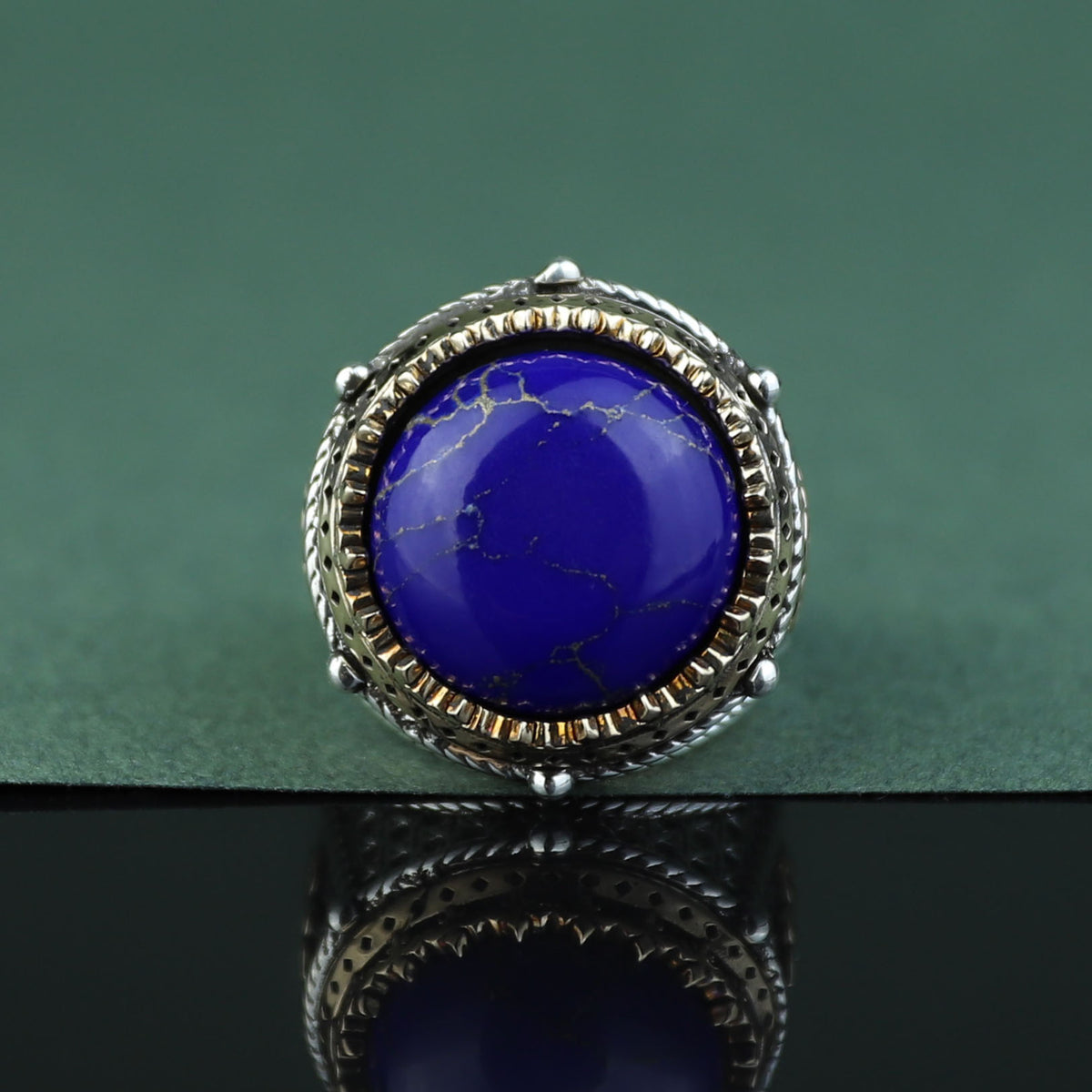 925 Sterling Silver Round Natural Lapis Lazuli Ottoman Style Ring