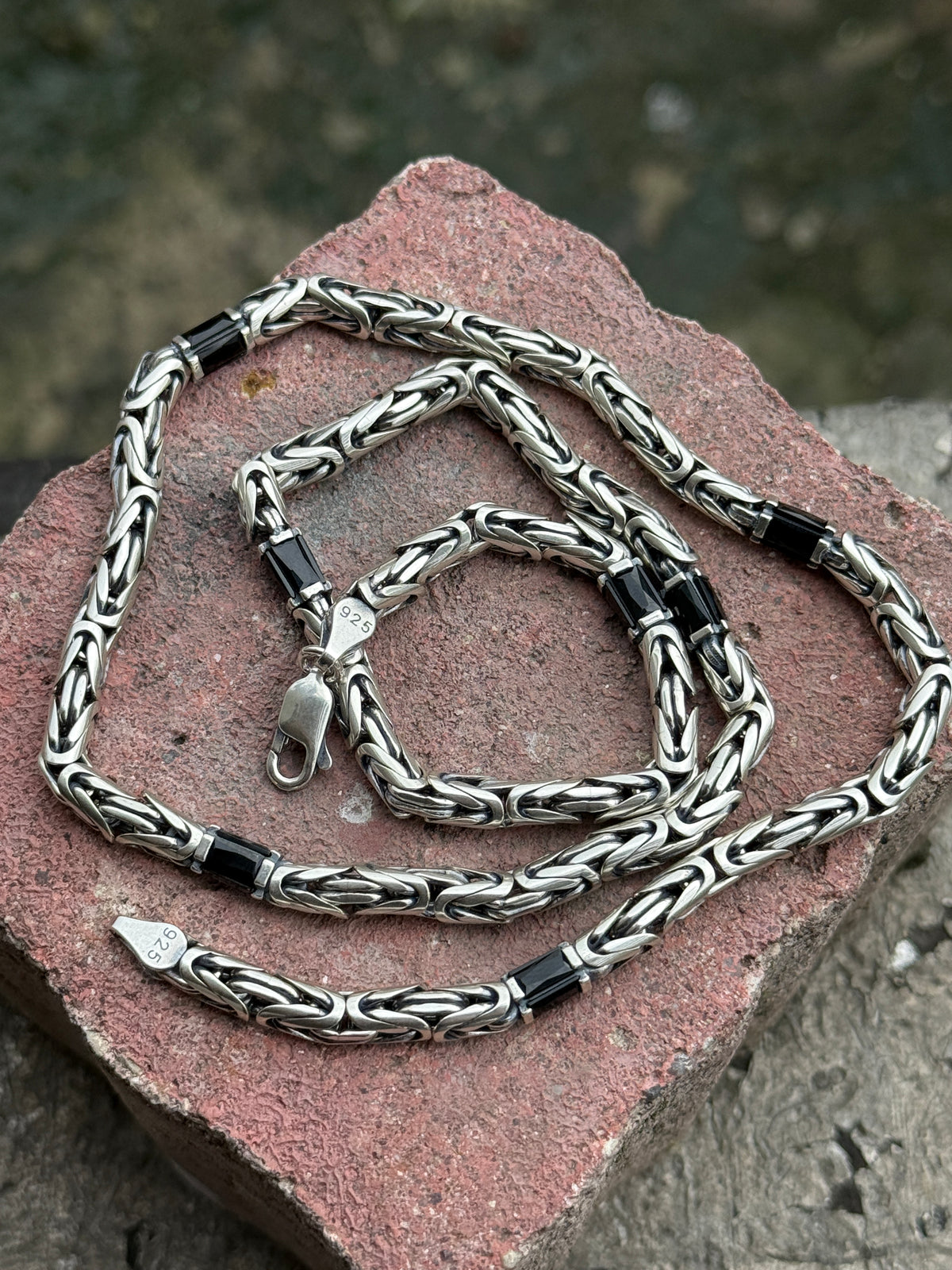 925 Silver 5MM Black Onyx King Byzantine Necklace