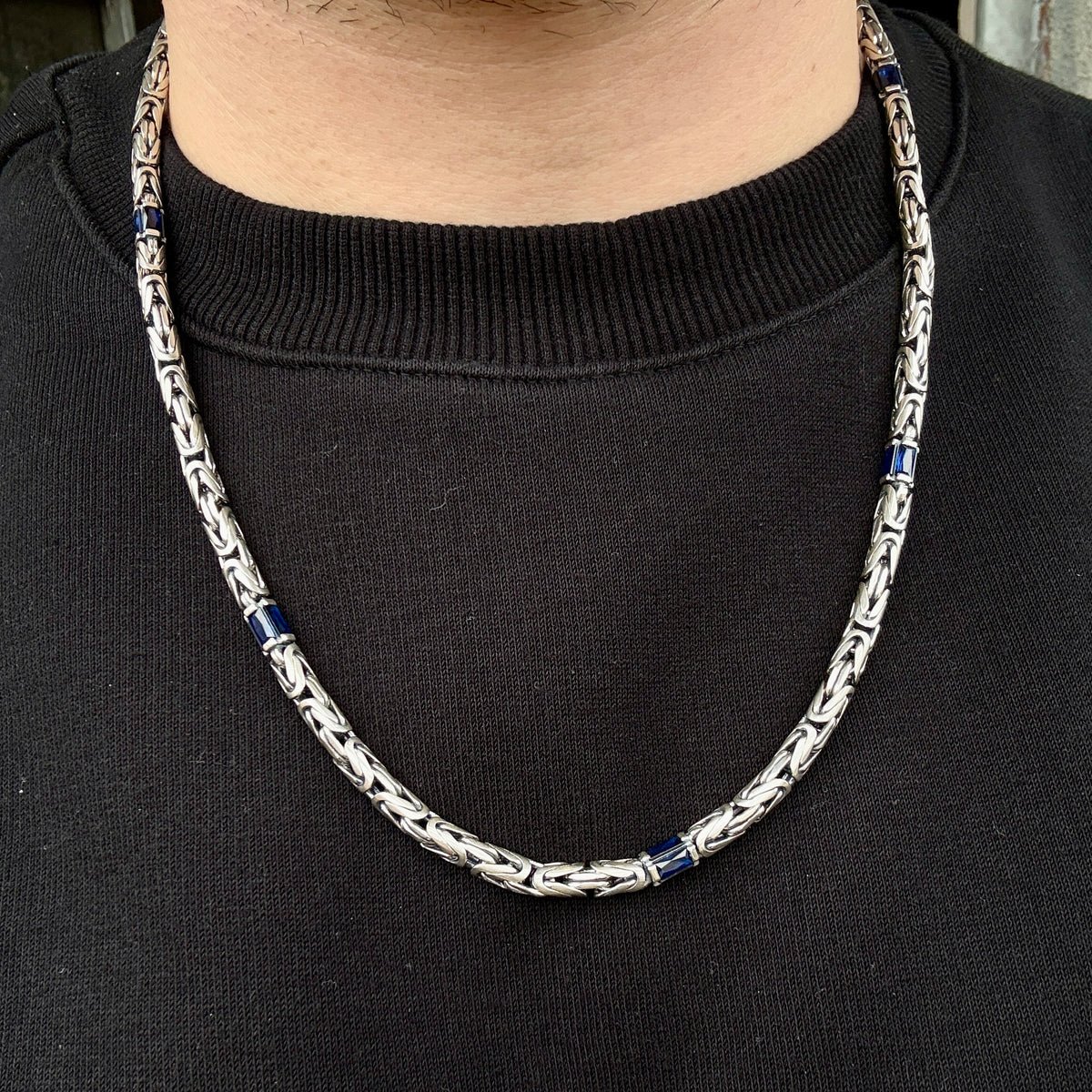 Silver Sapphire Gemstone Byzantine Heavy Round King Chain Necklace