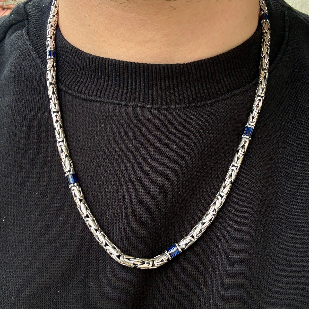 Silver Sapphire Gemstone Byzantine Heavy Round King Chain Necklace