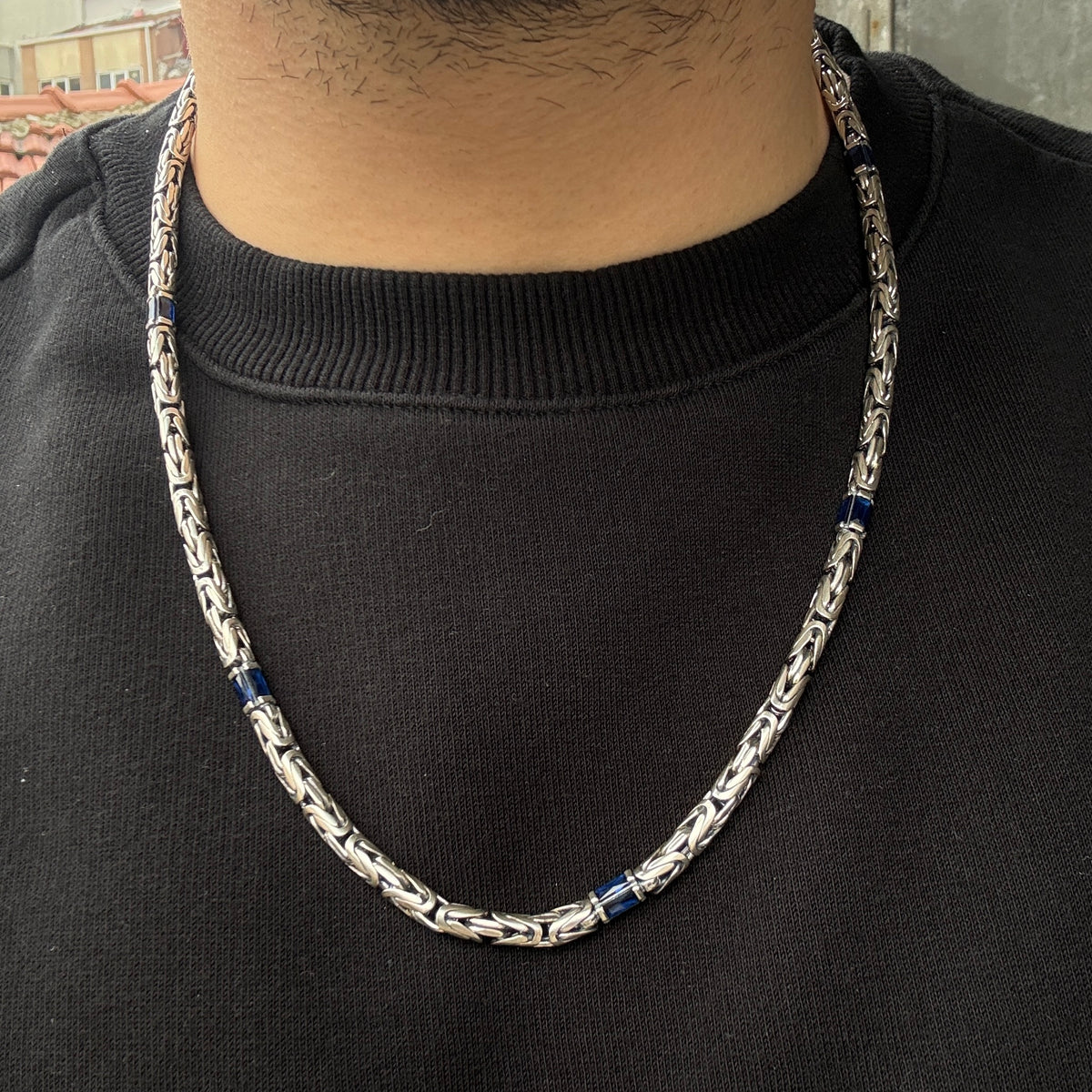 Silver Sapphire Gemstone Byzantine Heavy Round King Chain Necklace