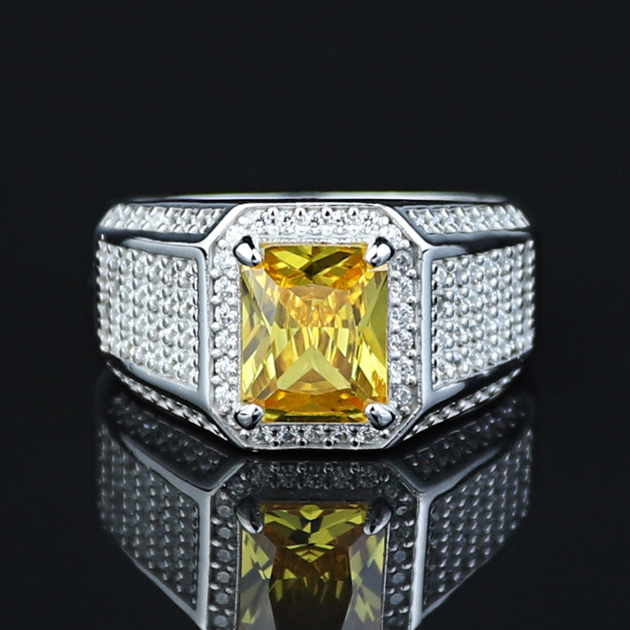 Men Handmade Square Yellow Citrine Gemstone Solid Silver Ring