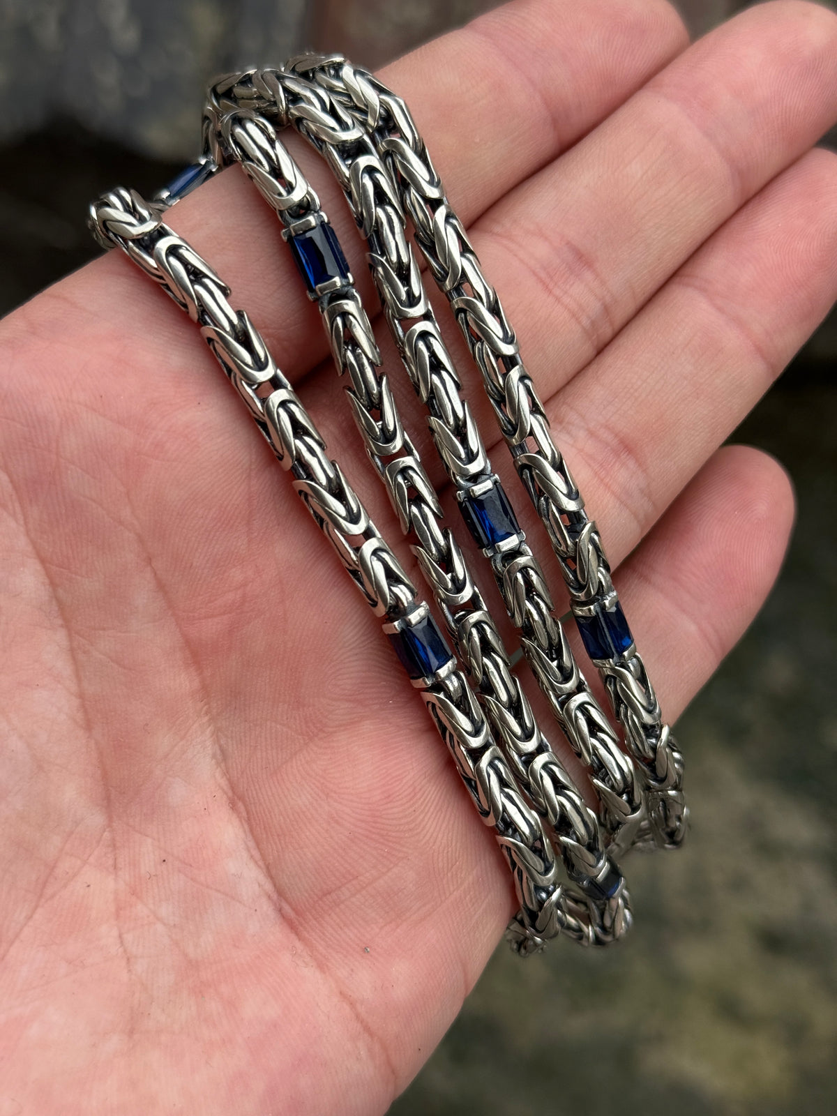 Silver Sapphire Gemstone Byzantine Heavy Round King Chain Necklace