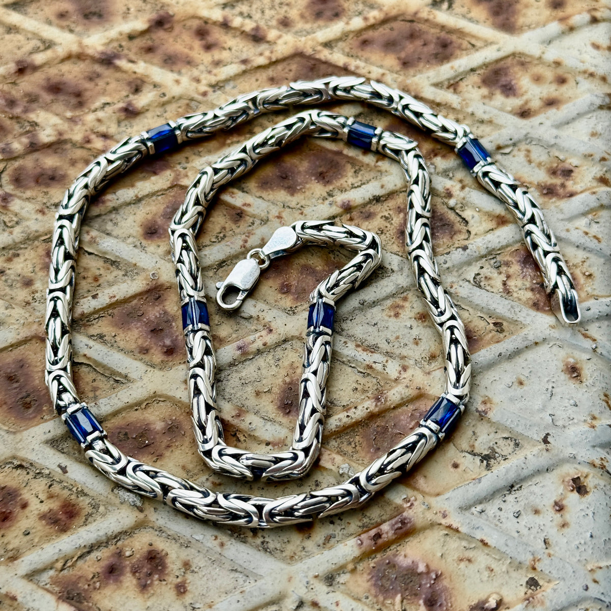 Silver Sapphire Gemstone Byzantine Heavy Round King Chain Necklace