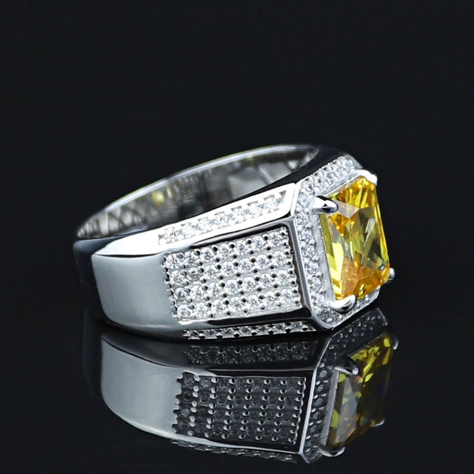 Men Handmade Square Yellow Citrine Gemstone Solid Silver Ring