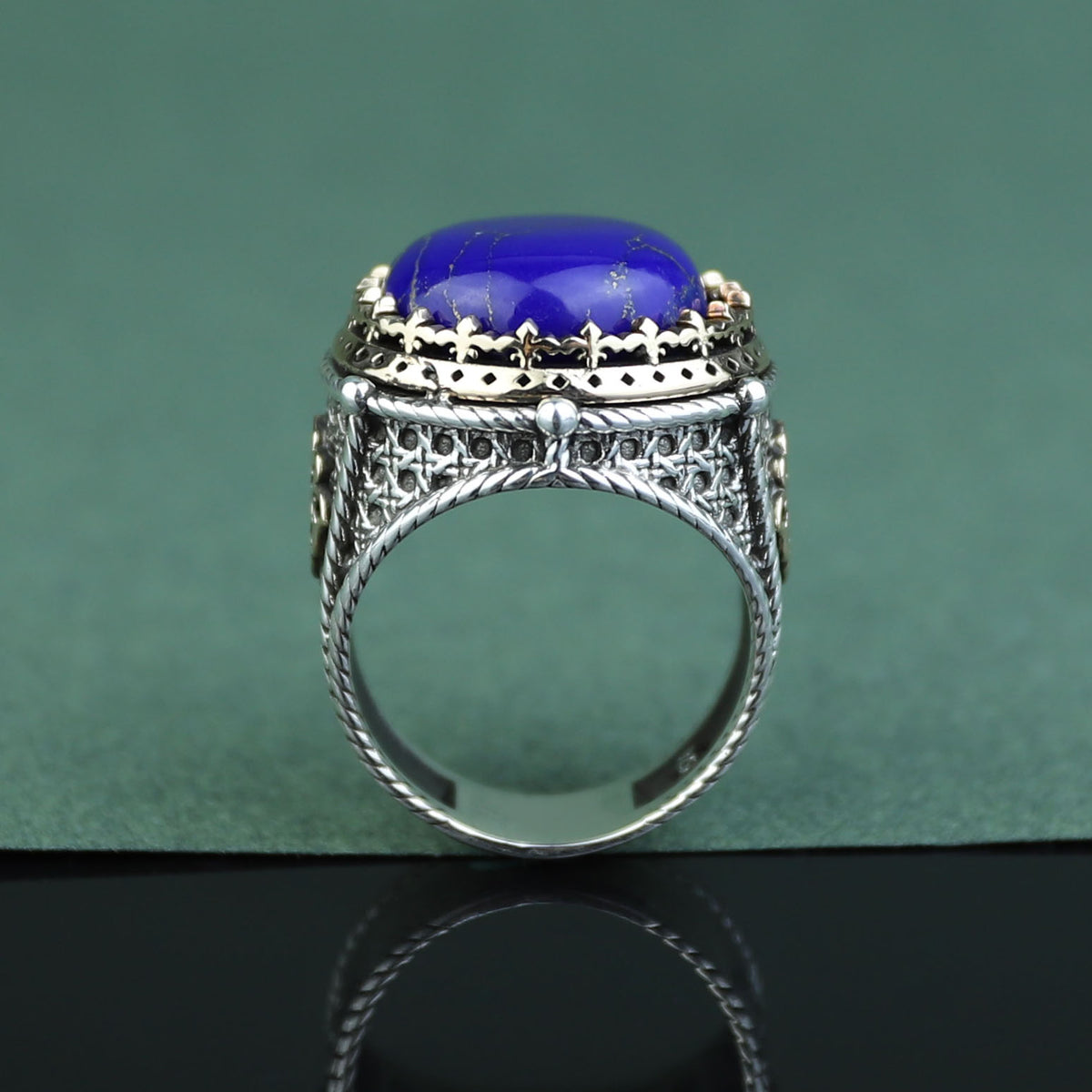 925 Sterling Silver Round Natural Lapis Lazuli Ottoman Style Ring