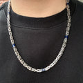 Silver Square Byzantine Sapphire Stone 5MM Byzantine Chain Necklace