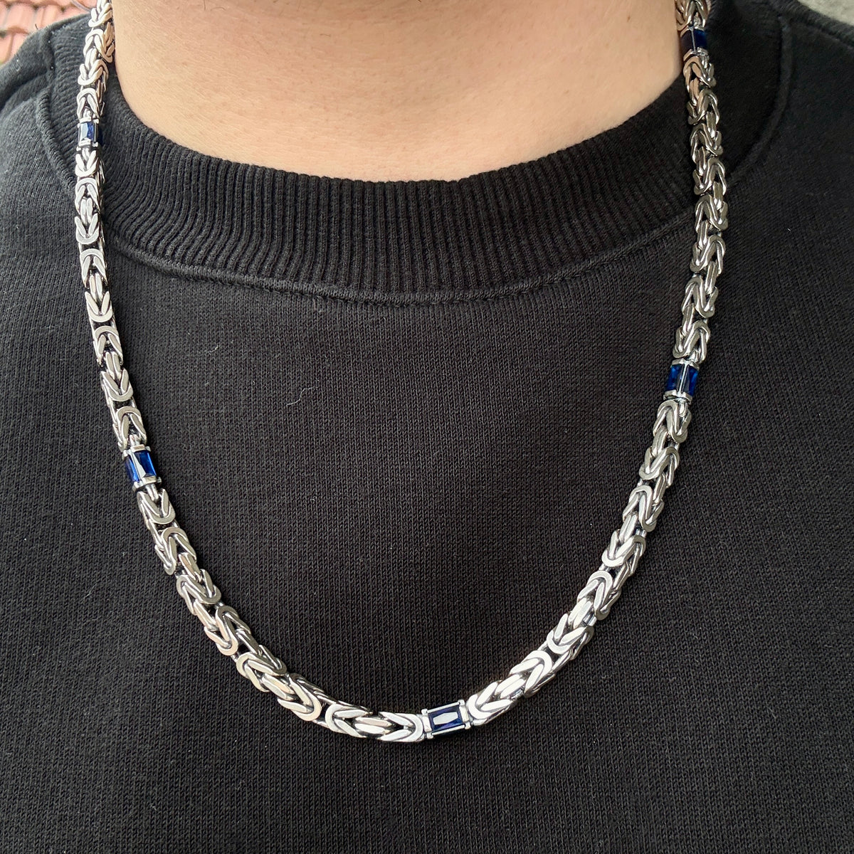 Silver Square Byzantine Sapphire Stone 5MM Byzantine Chain Necklace