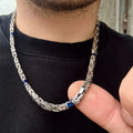 Silver Square Byzantine Sapphire Stone 5MM Byzantine Chain Necklace