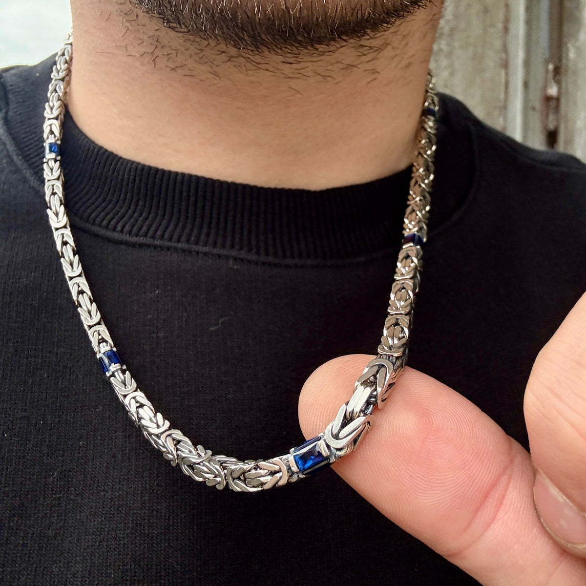Silver Square Byzantine Sapphire Stone 5MM Byzantine Chain Necklace