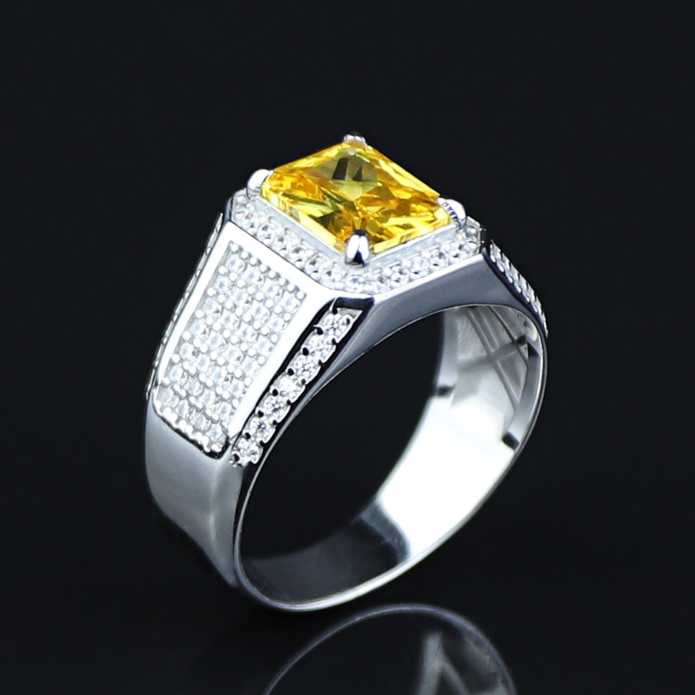 Men Handmade Square Yellow Citrine Gemstone Solid Silver Ring
