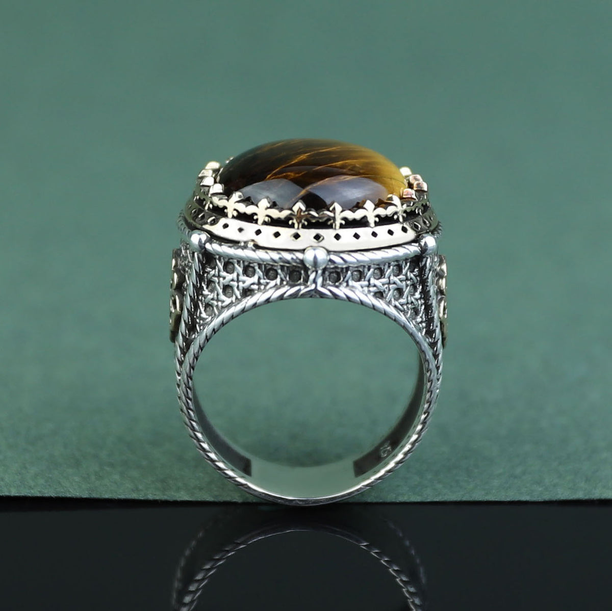 925 Silver Men Handmade Round Tiger Eye Gemstone Ring
