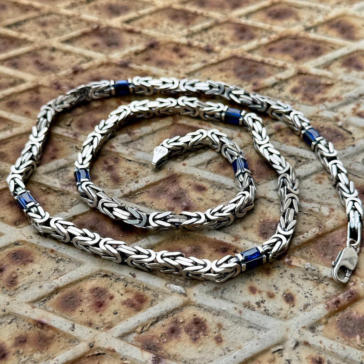 Silver Square Byzantine Sapphire Stone 5MM Byzantine Chain Necklace