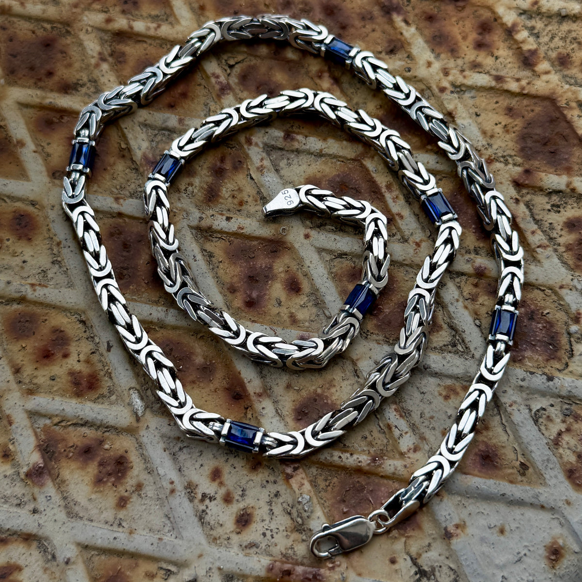 Silver Square Byzantine Sapphire Stone 5MM Byzantine Chain Necklace