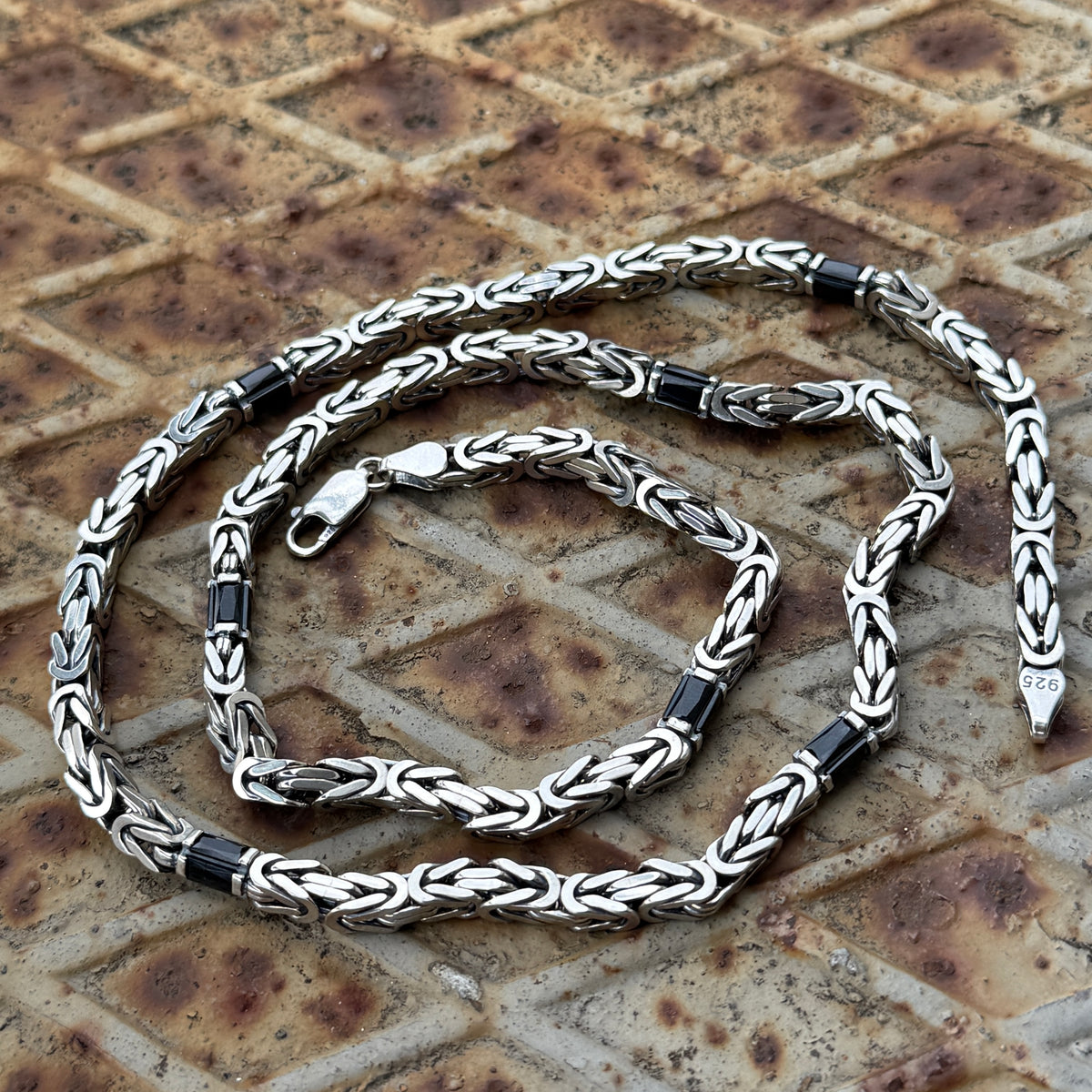 925 Solid Square Byzantine Onyx 5MM Bali Byzantine Chain Necklace