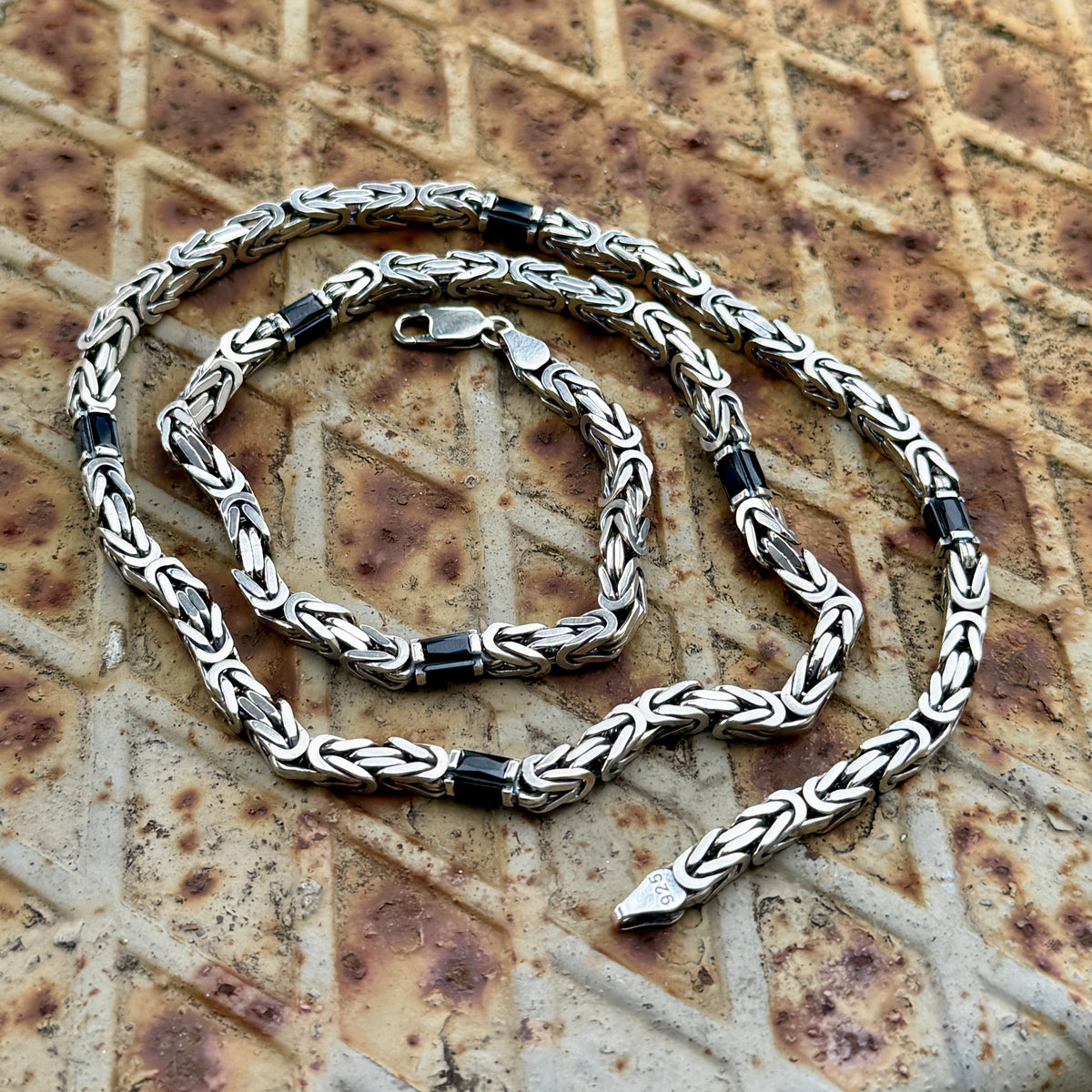 925 Solid Square Byzantine Onyx 5MM Bali Byzantine Chain Necklace