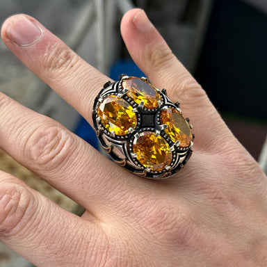 925 Sterling Silver Men's Ring With Orange Citrine Stone - 15x20mm, Turkish Handmade, Simulated Citrine, Gift Box