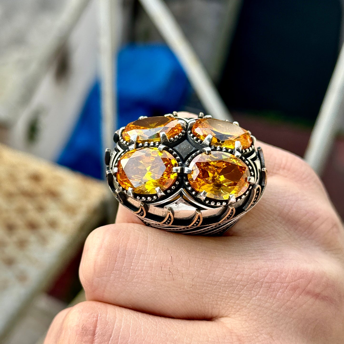 Men Silver Handmade Large Citrine Gemstone Unique Ring