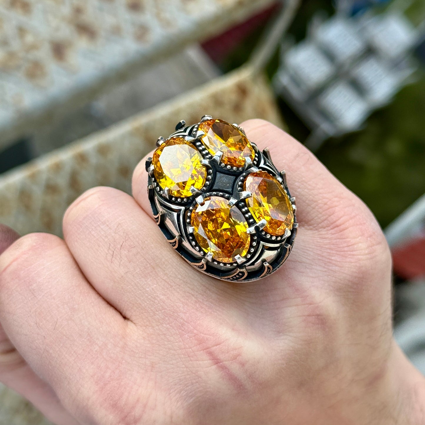 Men Silver Handmade Large Citrine Gemstone Unique Ring