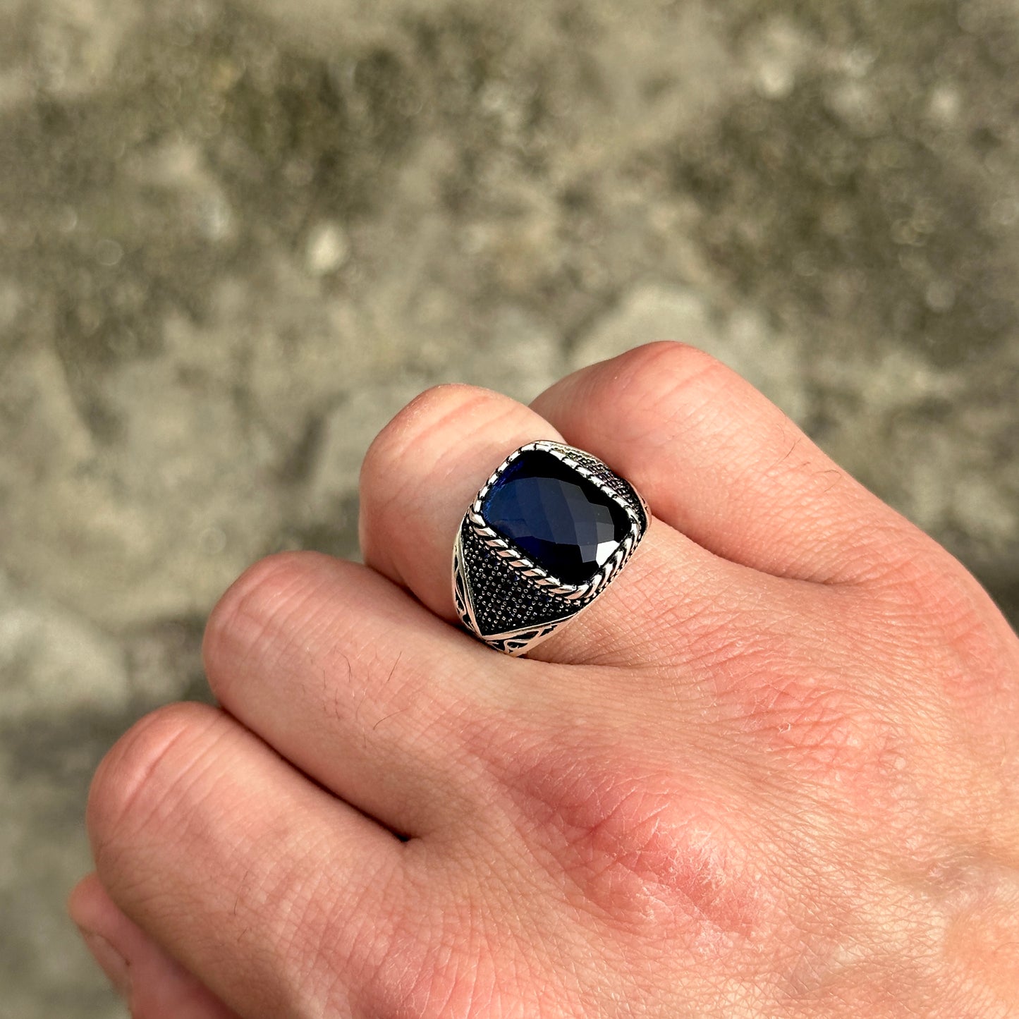 Men Blue Zircon Minimal Sapphire Stone Ring