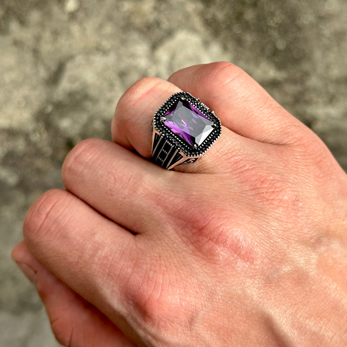 Men Silver Square Amethyst Ring