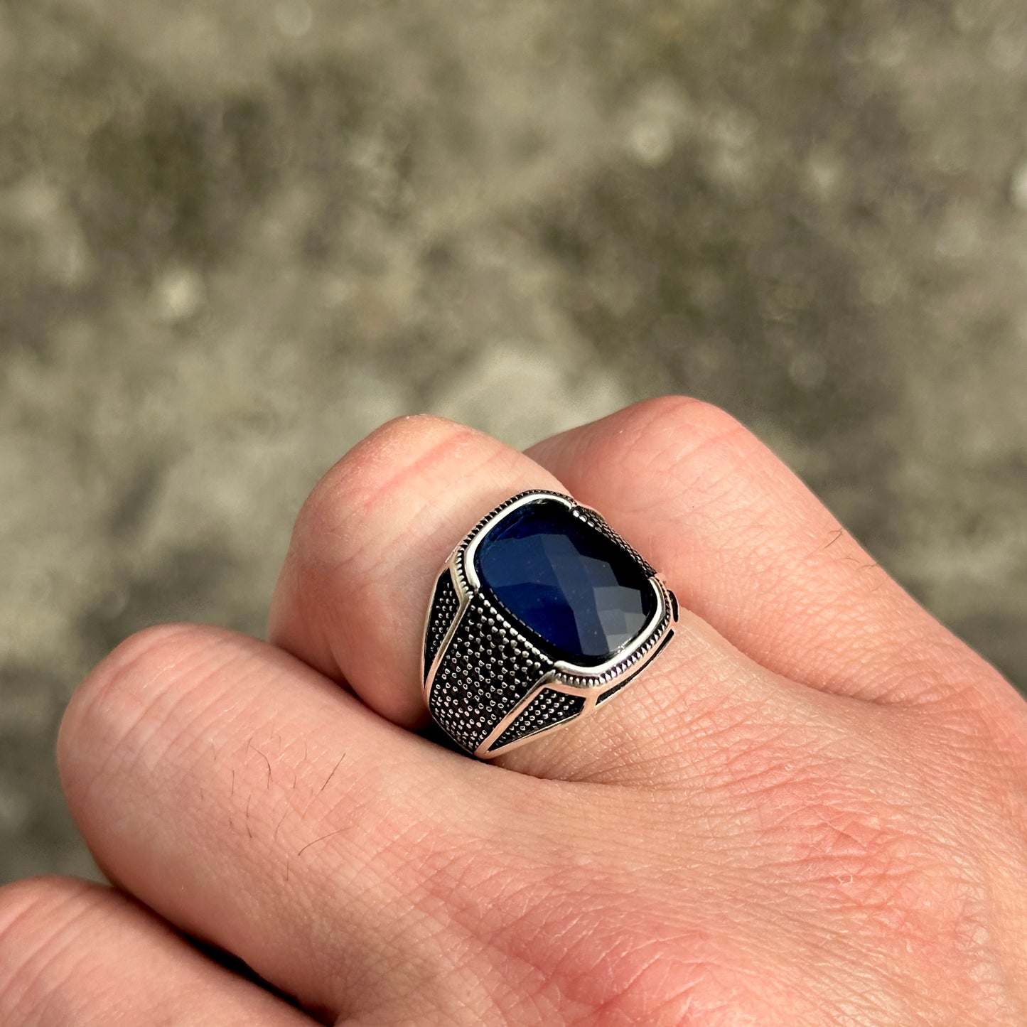 Men Silver Square Minimal Sapphire Stone Ring