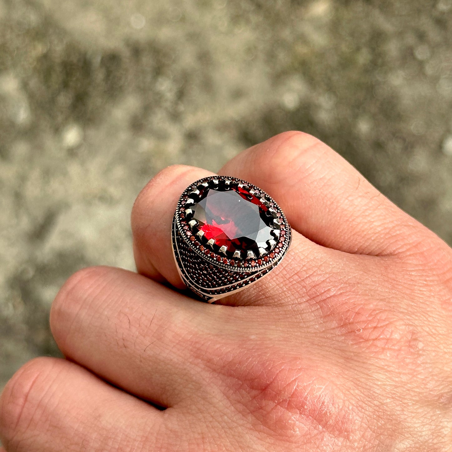 Men Handmade Oval Ruby Gemstone Silver Ring