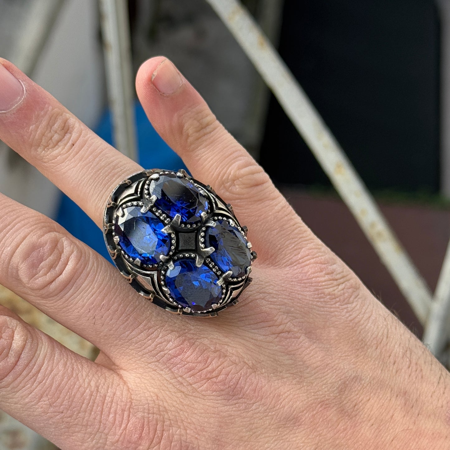 Silver Men Handmade Large Sapphire Gemstone Ring