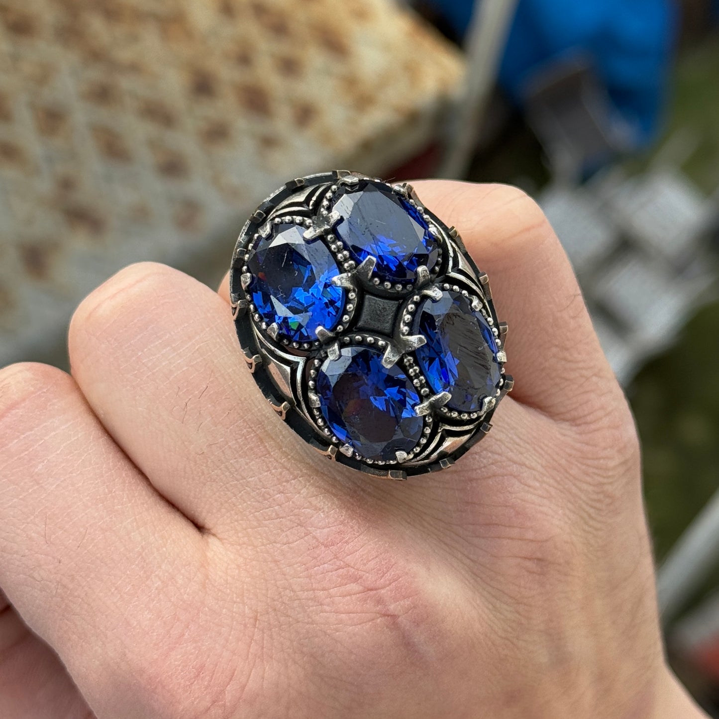 Silver Men Handmade Large Sapphire Gemstone Ring