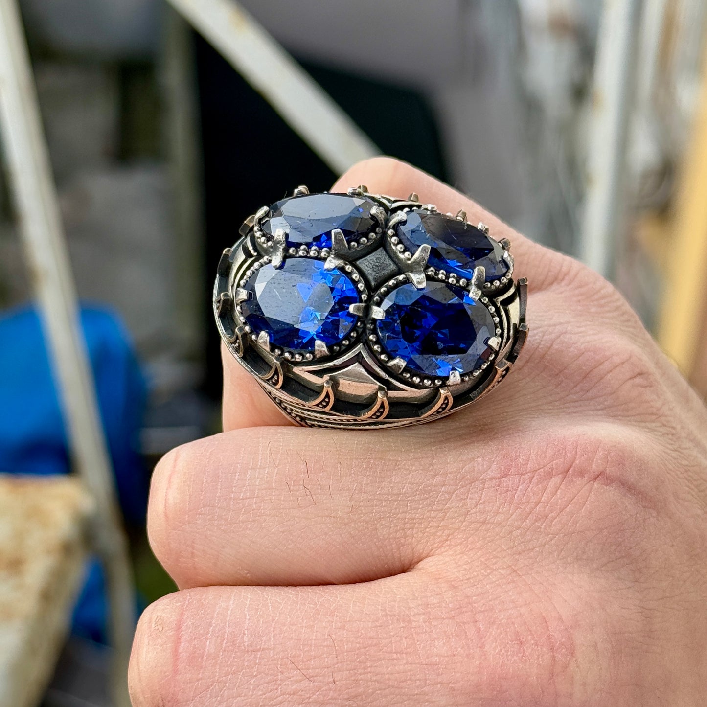 Silver Men Handmade Large Sapphire Gemstone Ring