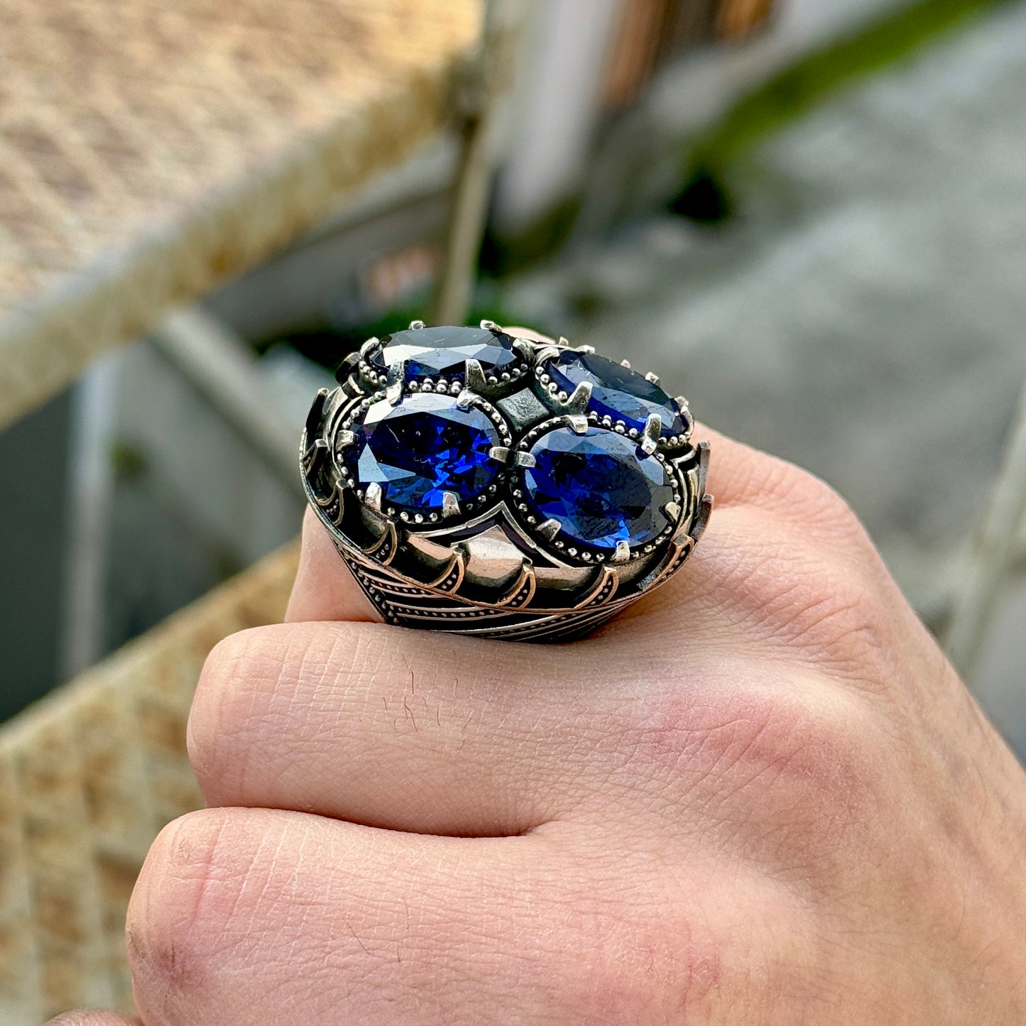 Silver Men Handmade Large Sapphire Gemstone Ring