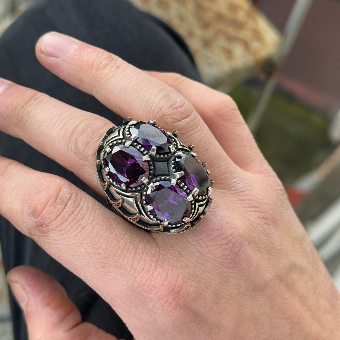 Men Silver Handmade Large Amethyst Gemstone Ring