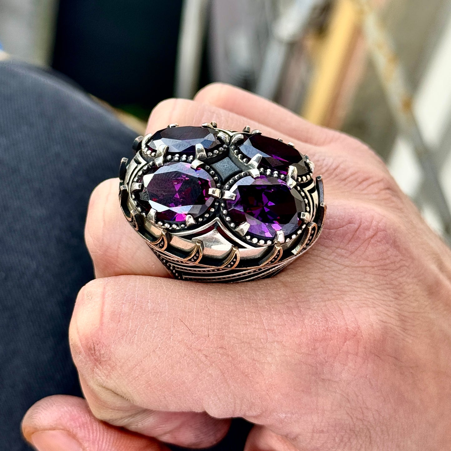 Men Silver Handmade Large Amethyst Gemstone Ring