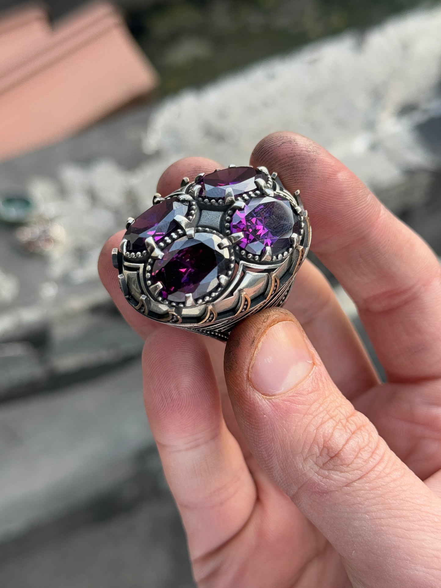 Men Silver Handmade Large Amethyst Gemstone Ring