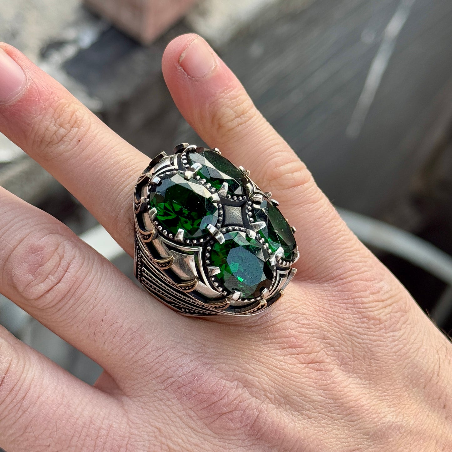 Men Silver Large Emerald Gemstone Unique Ring