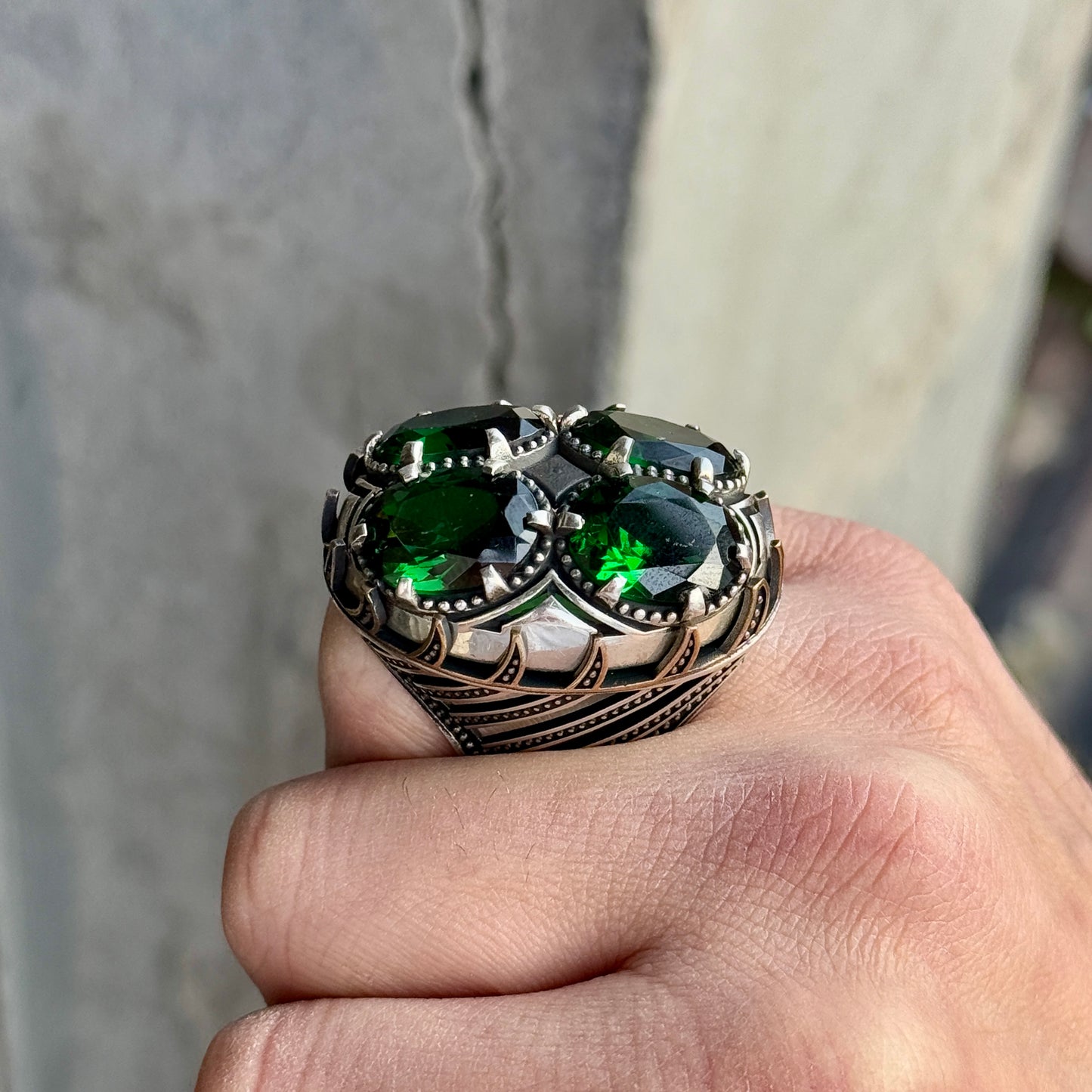 Men Silver Large Emerald Gemstone Unique Ring