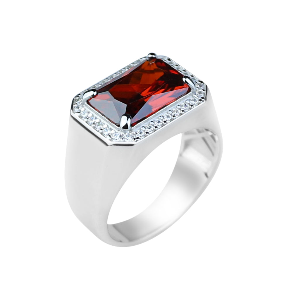 Men Solid Silver Garnet Silver Diamond Men Ring