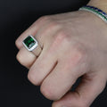 Men Solid Silver Green Emerald Gemstone Iced Out Rİng