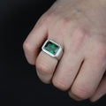Men Solid Silver Green Emerald Gemstone Iced Out Rİng