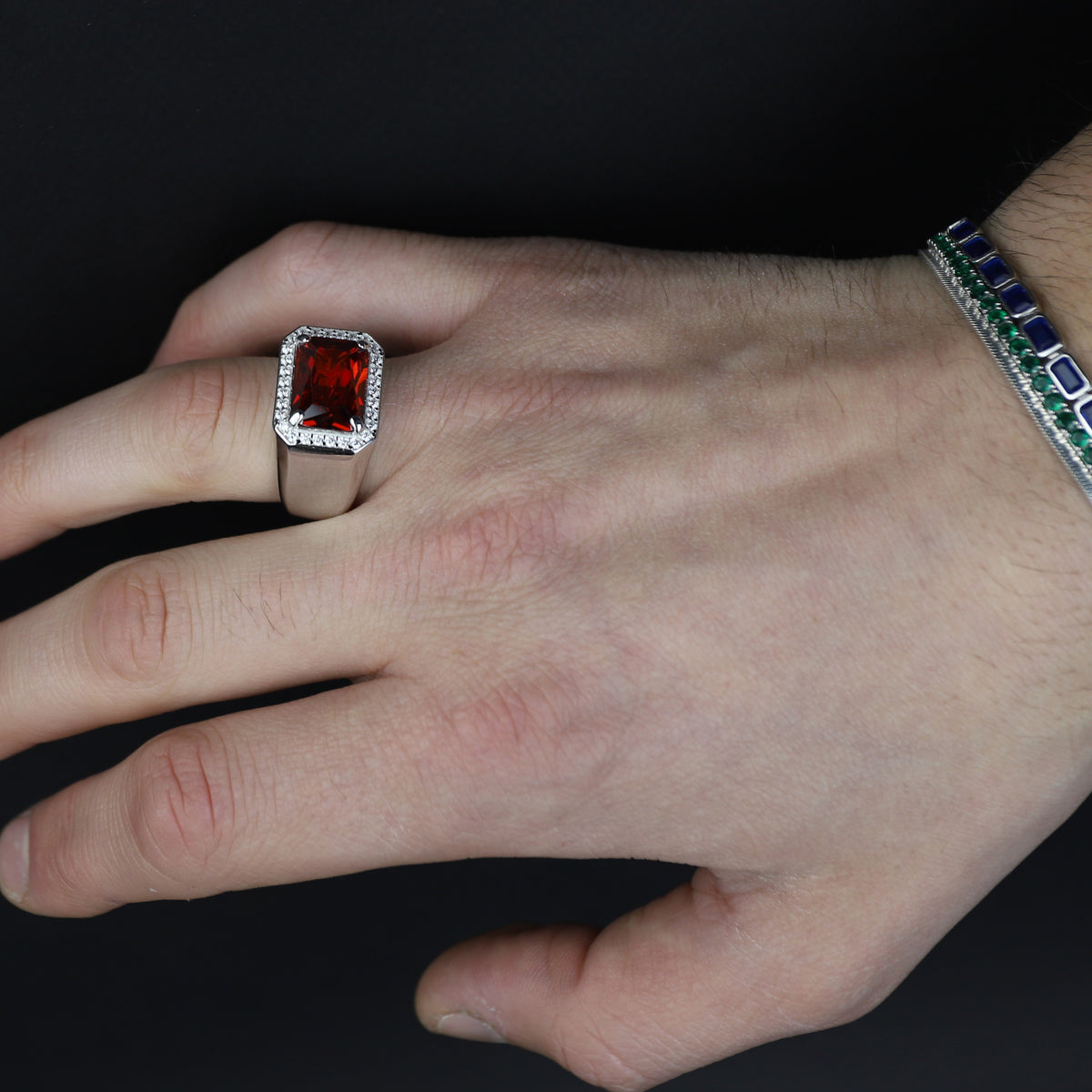 Men Solid Silver Garnet Silver Diamond Men Ring