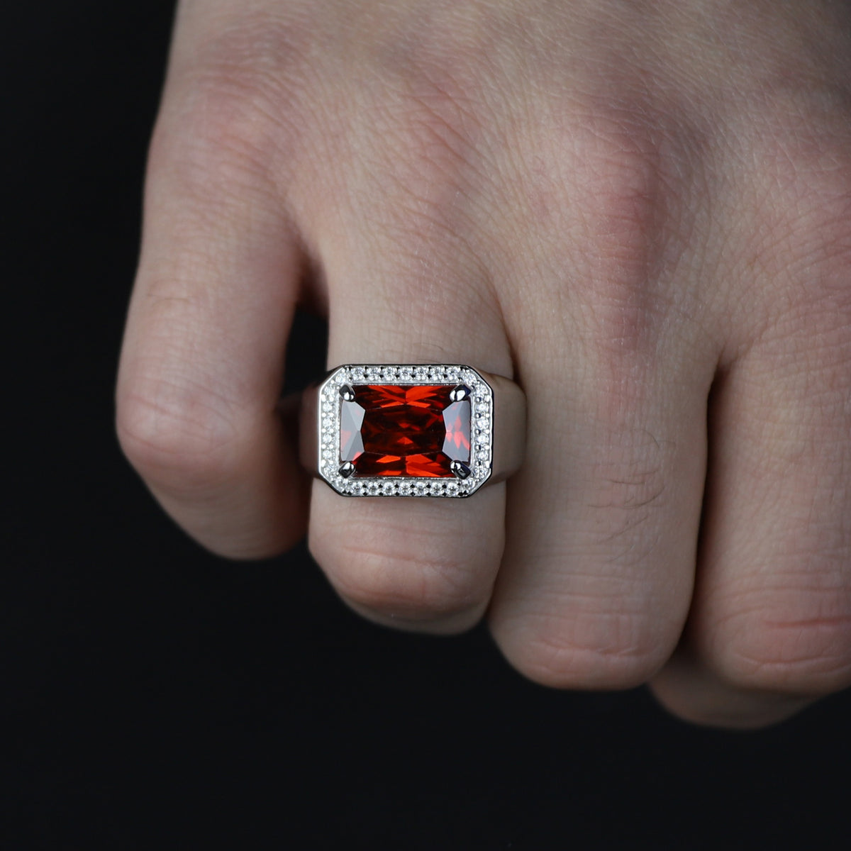 Men Solid Silver Garnet Silver Diamond Men Ring