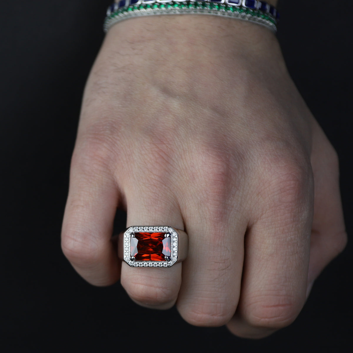 Men Solid Silver Garnet Silver Diamond Men Ring