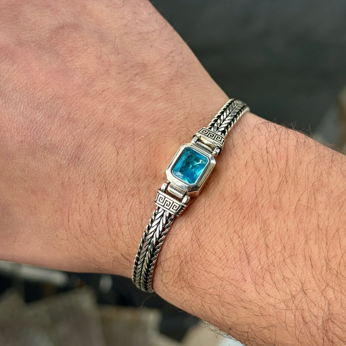 Men Handmade Aquamarine Gemstone Foxtail Chain Bracelet
