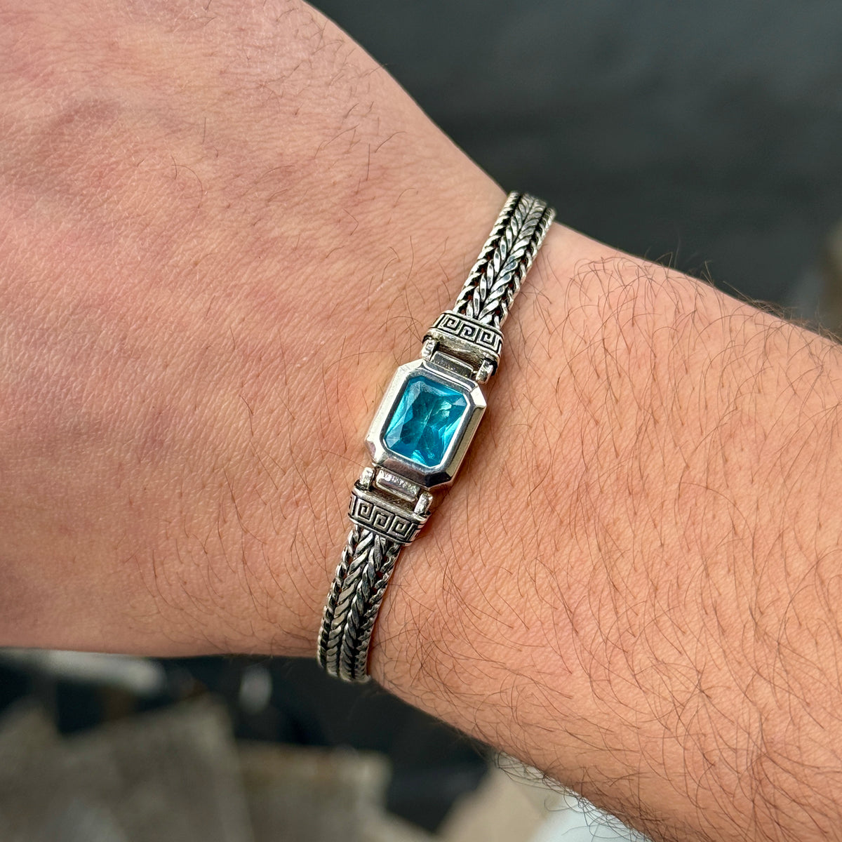 Men Handmade Aquamarine Gemstone Foxtail Chain Bracelet