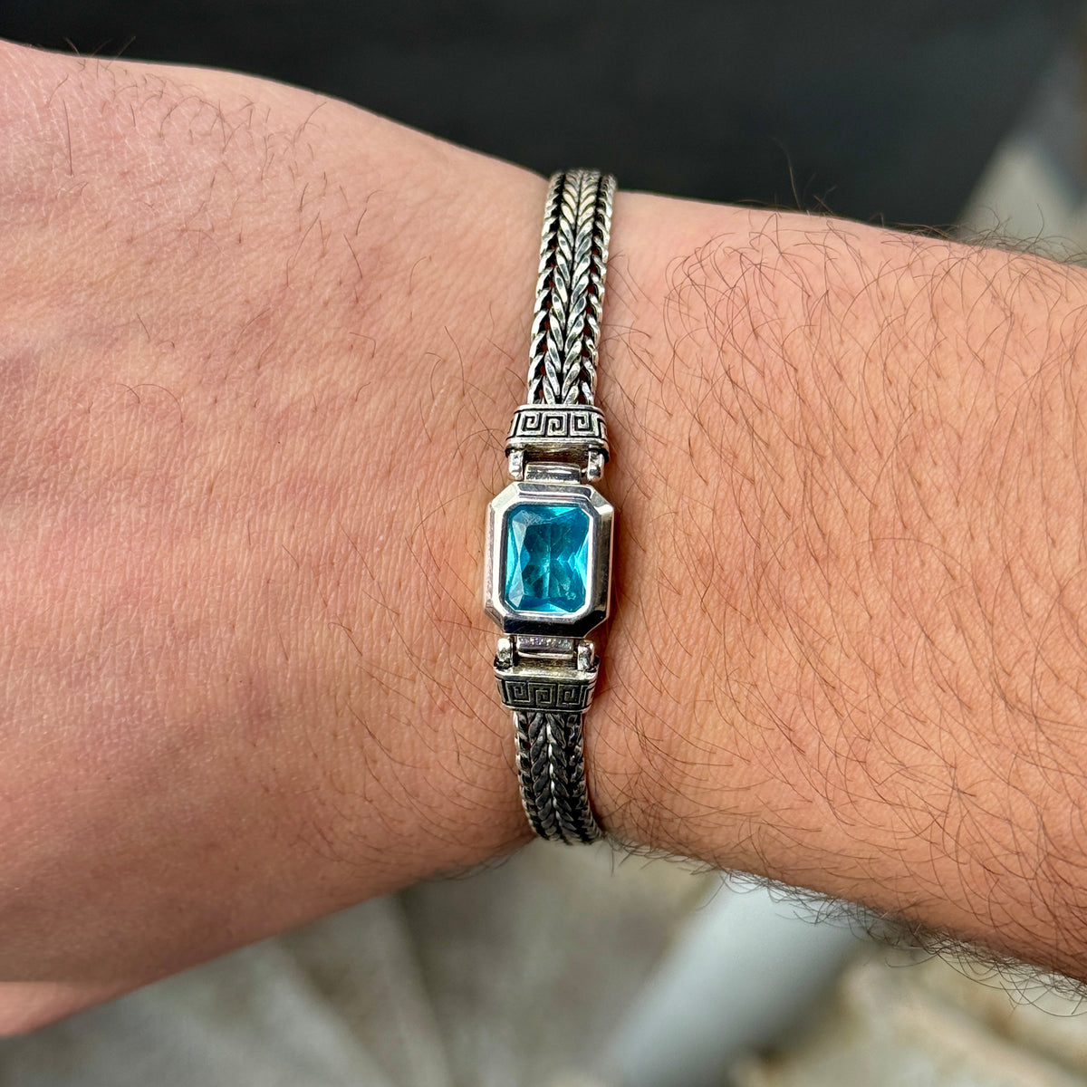 Men Handmade Aquamarine Gemstone Foxtail Chain Bracelet