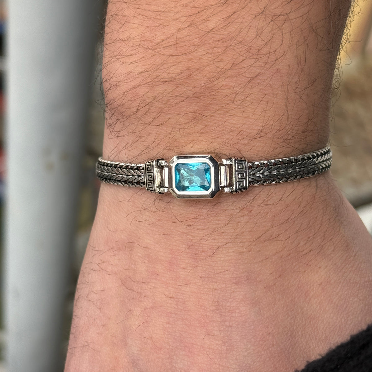 Men Handmade Aquamarine Gemstone Foxtail Chain Bracelet