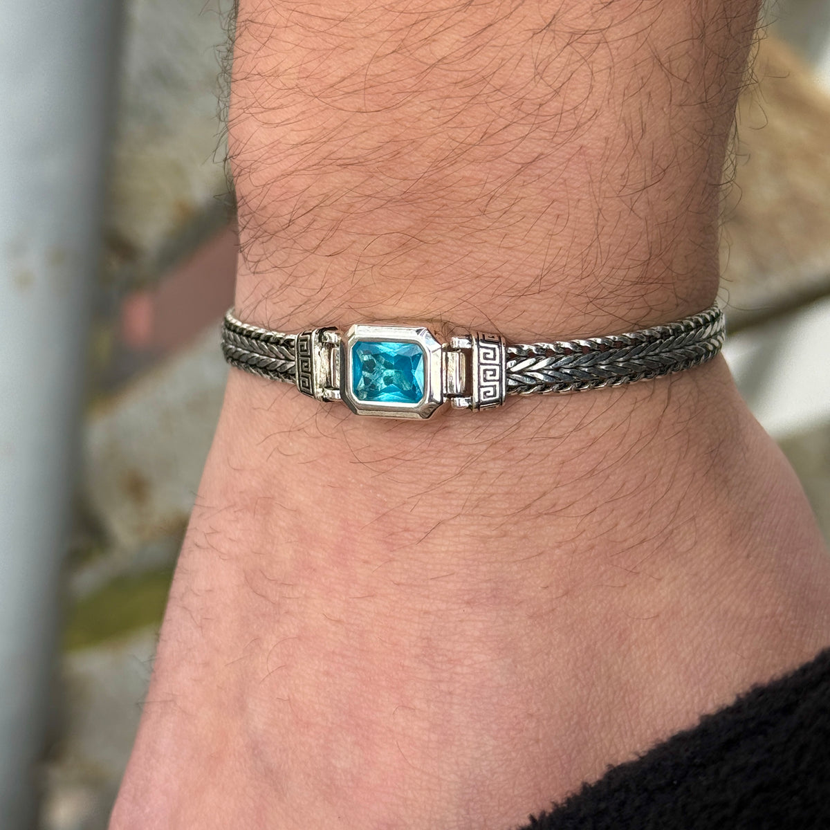 Men Handmade Aquamarine Gemstone Foxtail Chain Bracelet