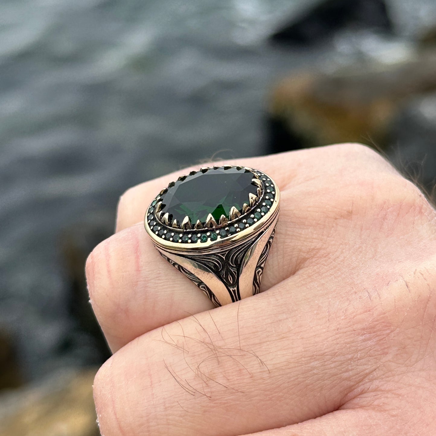 Men Handmade Silver Oval Green Stone Emerald Stone Ring