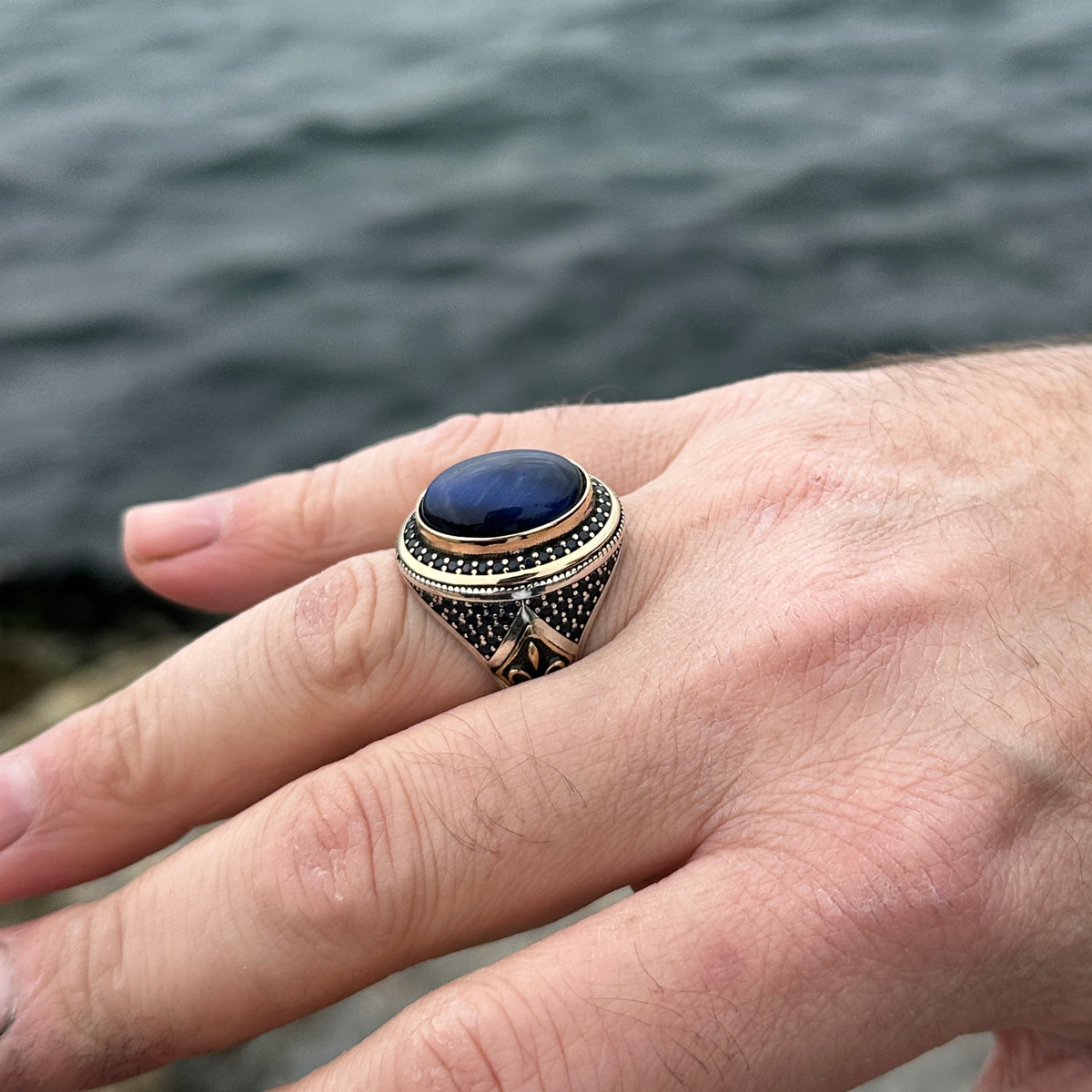 Men Silver Blue Tiger Eye Gemstone Ottoman Style Ring