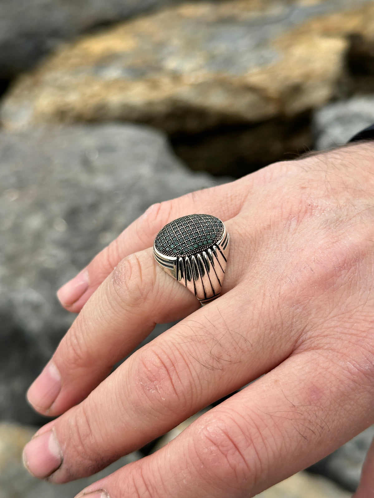 Men Handmade Micro Green Emerald Stone Ring